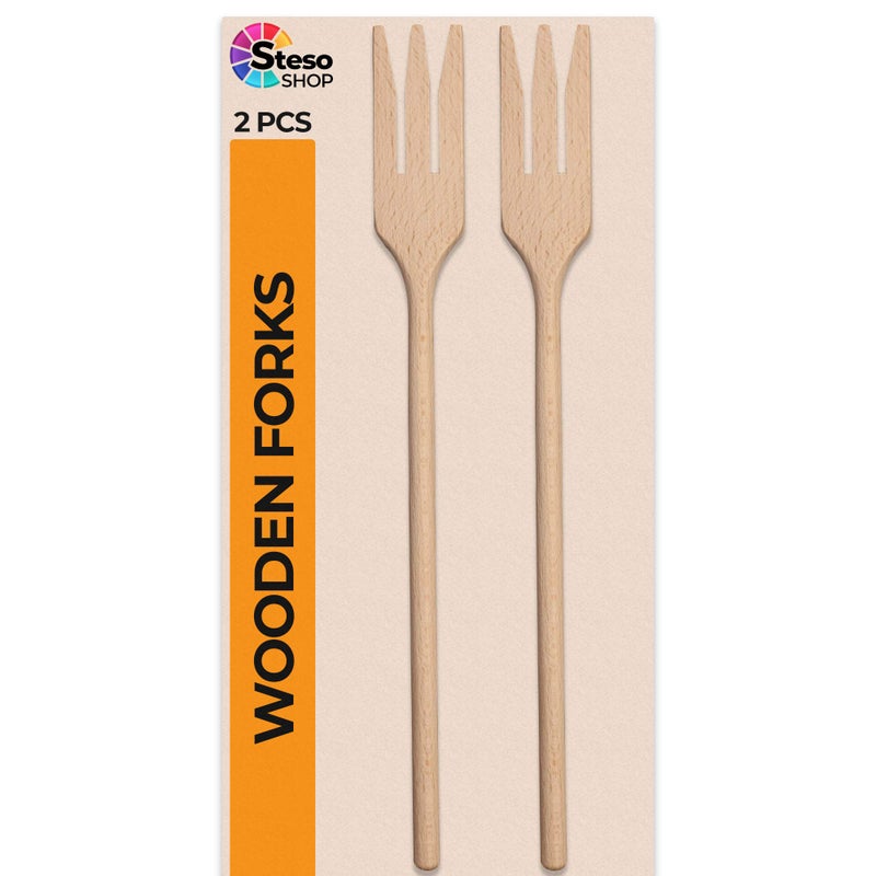 StesoSHOP Wooden Forks for Cooking - 2 pcs Wood Fork Set Perfect Size Great for Cooking - Salad Pasta Grill Tasting Fork Wood - Wood Kitchen Utensils - Image 1